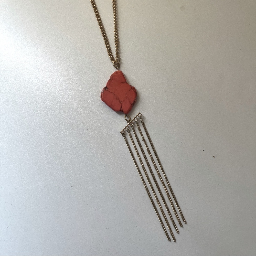 Charming Charlie Chain Fringe Necklace Statement Coral Gold Toned Curb Style 20"